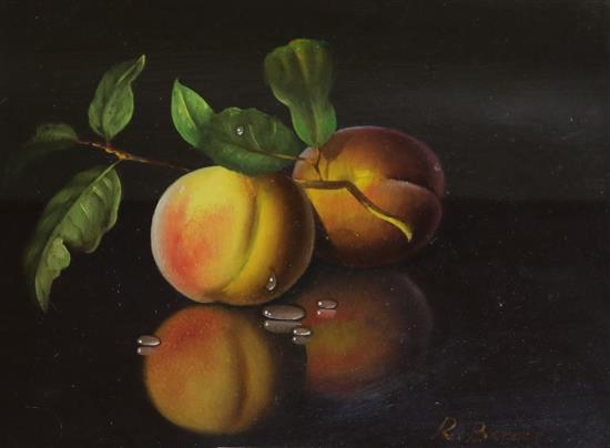 Rowland Berger, oil on panel, Peaches, W.H.Patterson label verso, 11 x 14cm